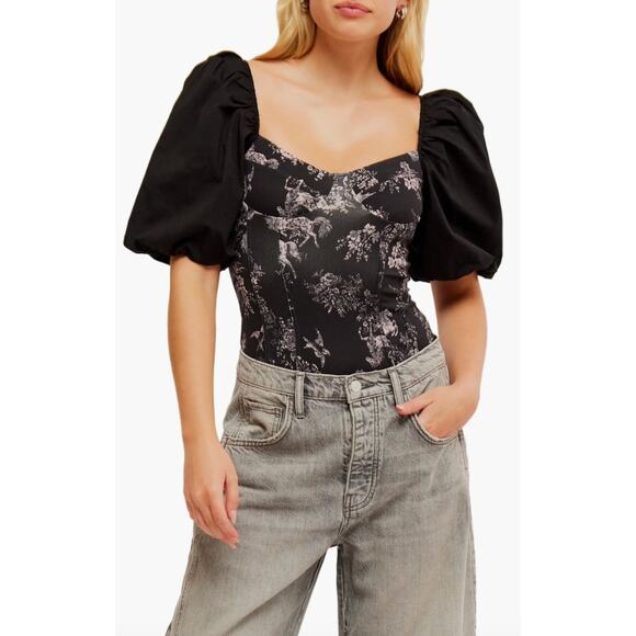 Free People Prarie Rose Puff Sleeve Bodysuit Black Coquette Romantic Large NWT - Picture 1 of 13